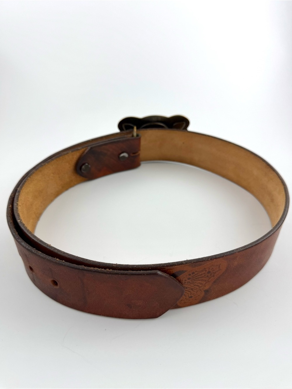 SOLD Hand Stained Latitan Leather Butterfly Belt with Red Stone Buckle Size 32 - Picture 3 of 8